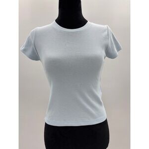 J. Crew Factory Cropped Ribbed Knit Crew Neck T Shirt Light Blue XS BT441